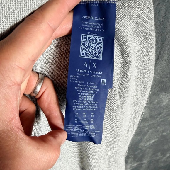 Armani Exchange Mens Full Zip Hoodie XL Gray Sweatshirt Logo Jacket - Picture 6 of 6